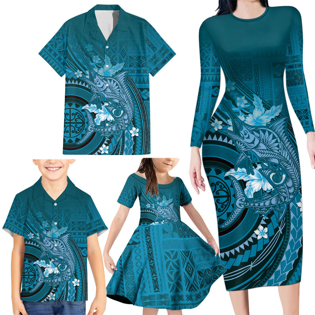 Samoa Tatau Marlin Family Matching Long Sleeve Bodycon Dress and Hawaiian Shirt With Siapo Motifs Teal
