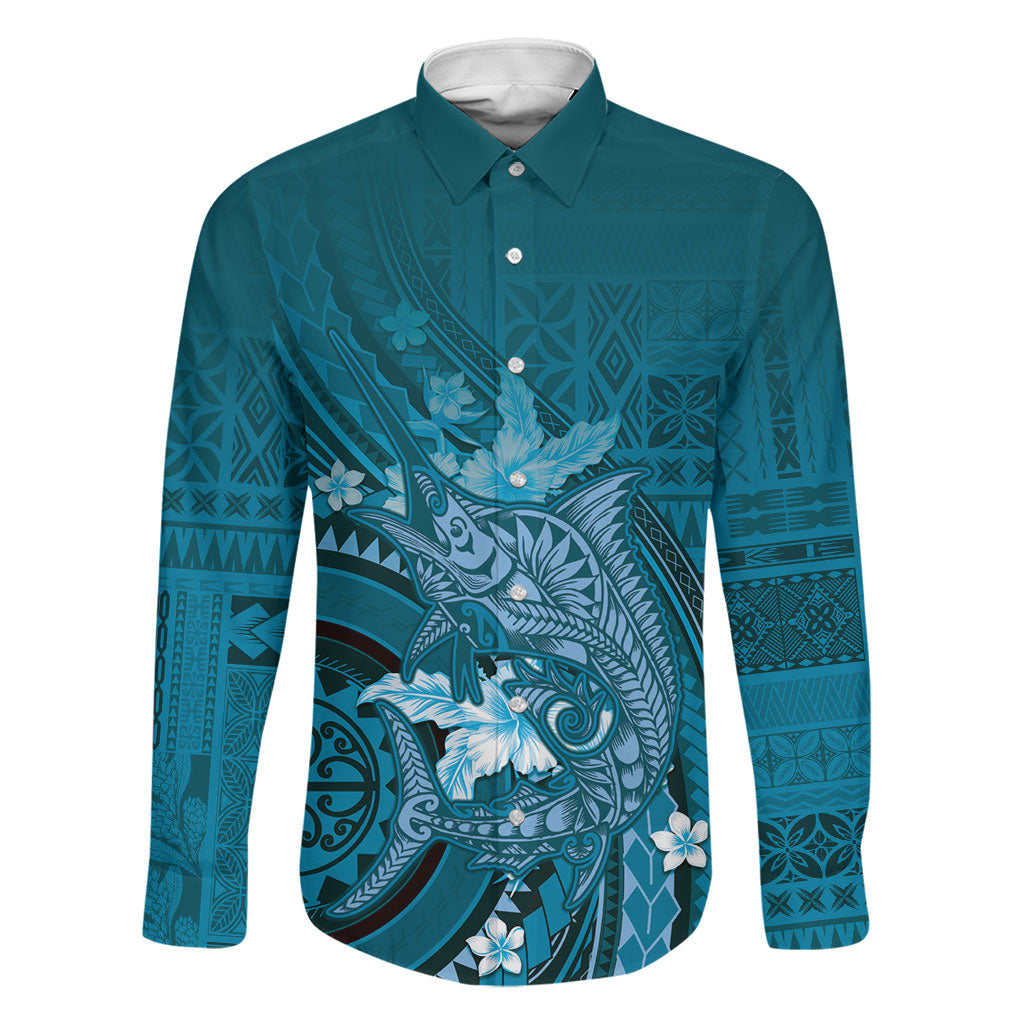Samoa Tatau Marlin Family Matching Long Sleeve Bodycon Dress and Hawaiian Shirt With Siapo Motifs Teal LT05 Dad's Shirt - Long Sleeve Teal - Polynesian Pride