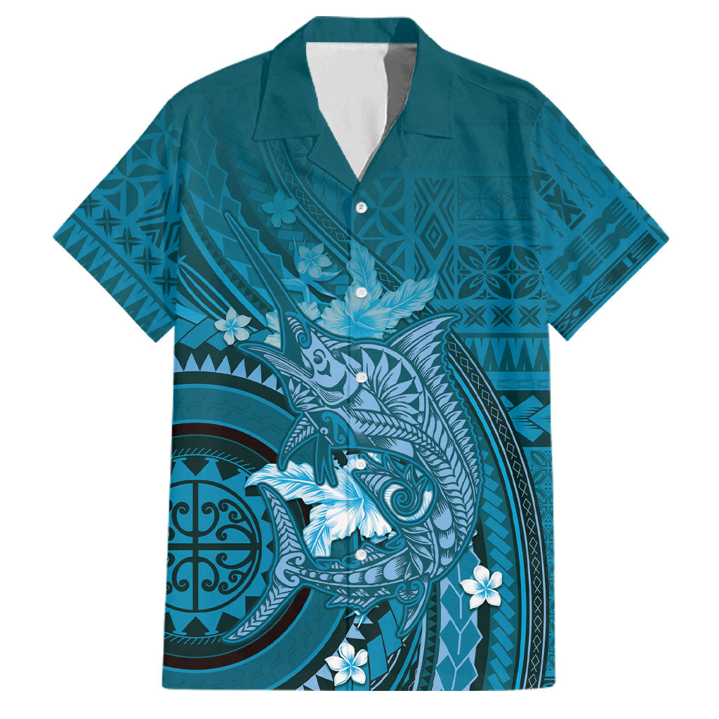 Samoa Tatau Marlin Family Matching Off Shoulder Maxi Dress and Hawaiian Shirt With Siapo Motifs Teal LT05 Dad's Shirt - Short Sleeve Teal - Polynesian Pride