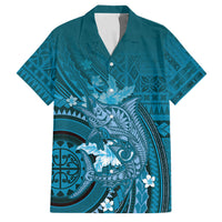 Samoa Tatau Marlin Family Matching Short Sleeve Bodycon Dress and Hawaiian Shirt With Siapo Motifs Teal LT05 Dad's Shirt - Short Sleeve Teal - Polynesian Pride