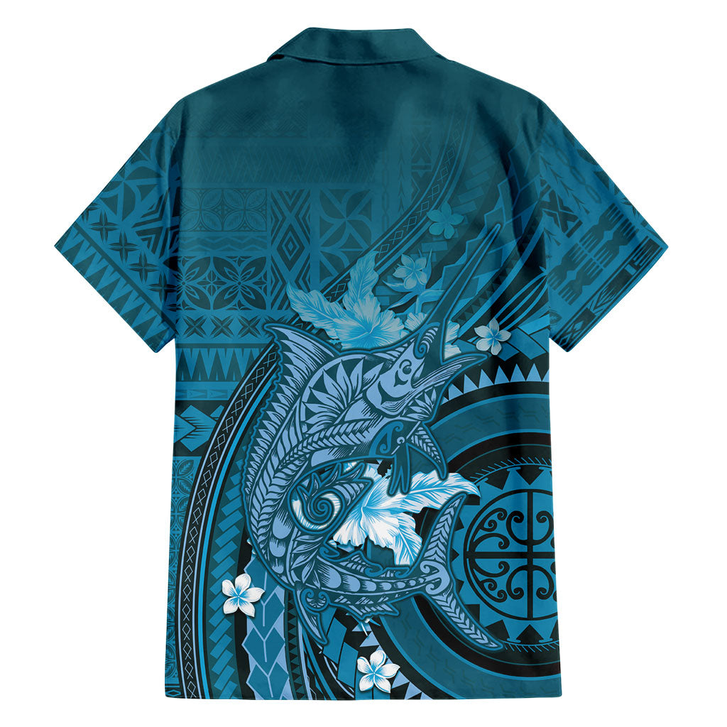 Samoa Tatau Marlin Family Matching Short Sleeve Bodycon Dress and Hawaiian Shirt With Siapo Motifs Teal LT05 - Polynesian Pride
