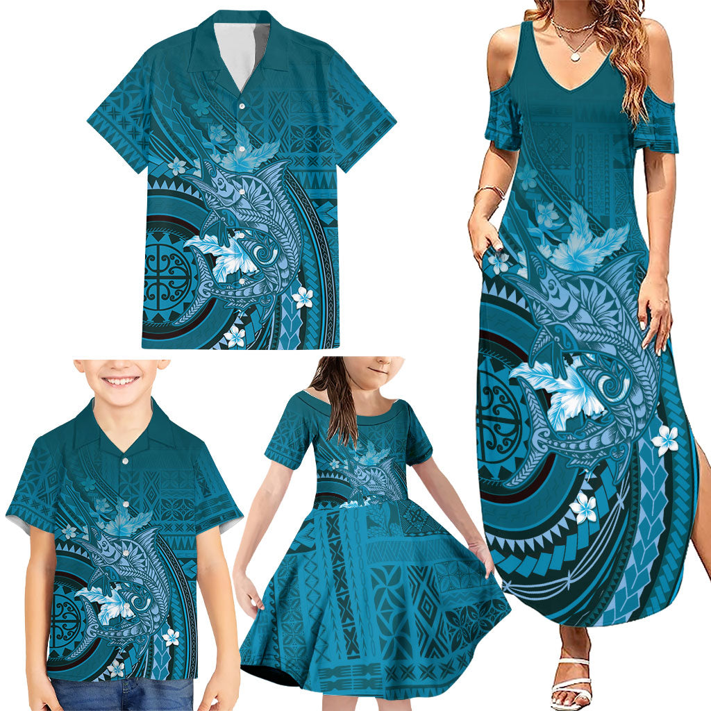 Samoa Tatau Marlin Family Matching Summer Maxi Dress and Hawaiian Shirt With Siapo Motifs Teal