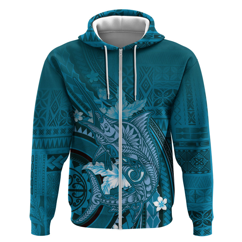 Samoa Tatau Marlin Hoodie With Siapo Motifs Teal LT05 Zip Hoodie Teal - Polynesian Pride