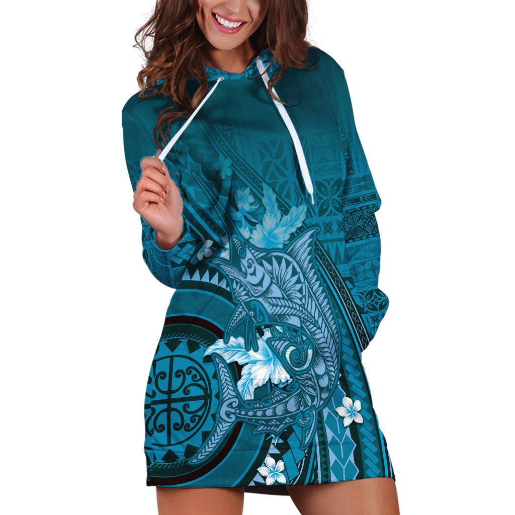 Samoa Tatau Marlin Hoodie Dress With Siapo Motifs Teal