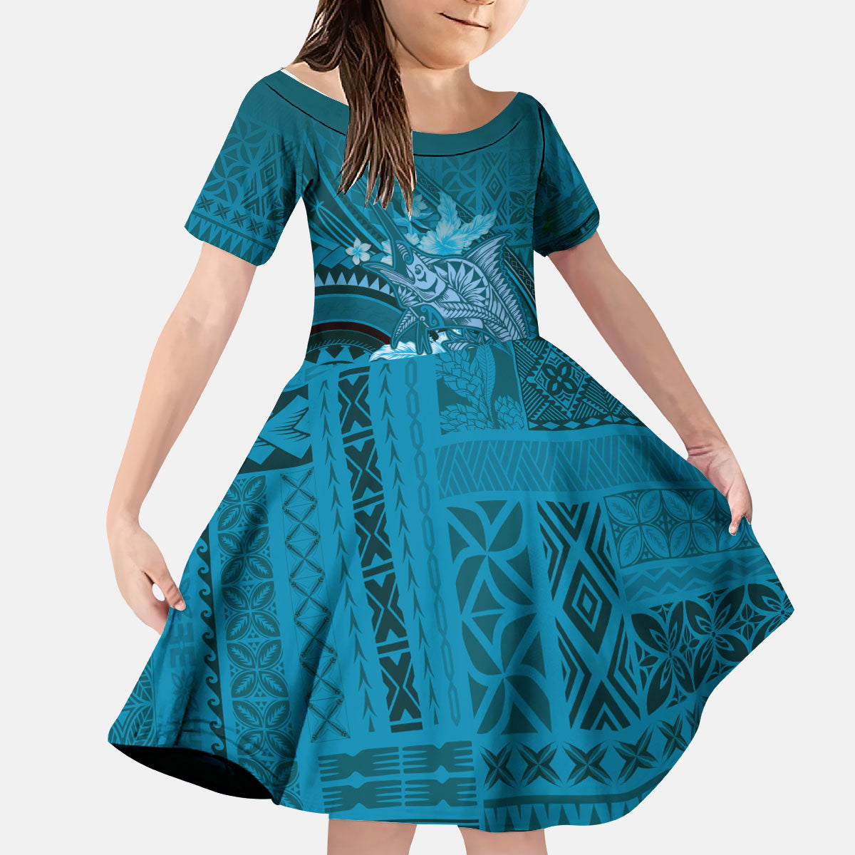 Samoa Tatau Marlin Kid Short Sleeve Dress With Siapo Motifs Teal