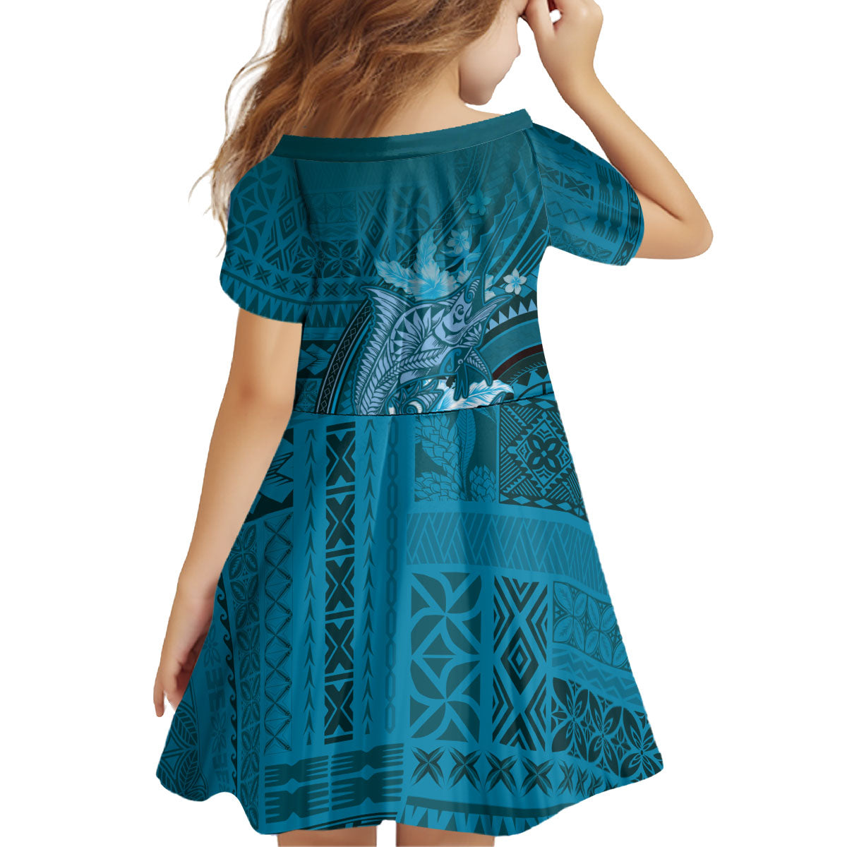 Samoa Tatau Marlin Kid Short Sleeve Dress With Siapo Motifs Teal