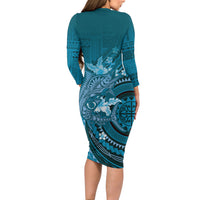 Samoa Tatau Marlin Long Sleeve Bodycon Dress With Siapo Motifs Teal LT05 - Polynesian Pride
