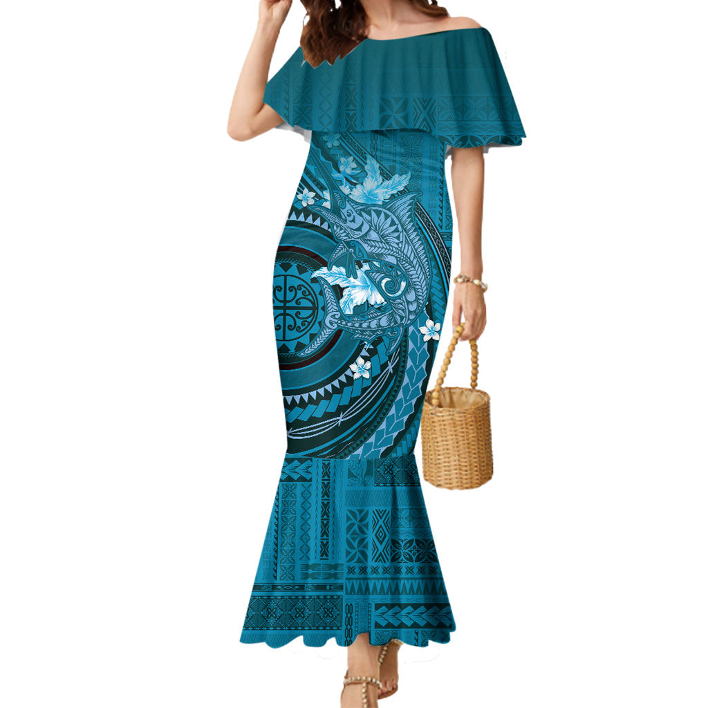 Samoa Tatau Marlin Mermaid Dress With Siapo Motifs Teal