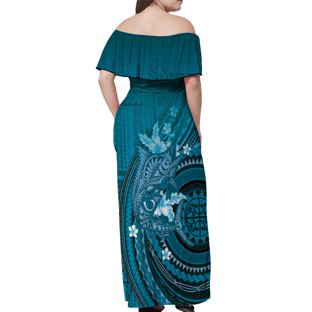 Samoa Tatau Marlin Off Shoulder Maxi Dress With Siapo Motifs Teal