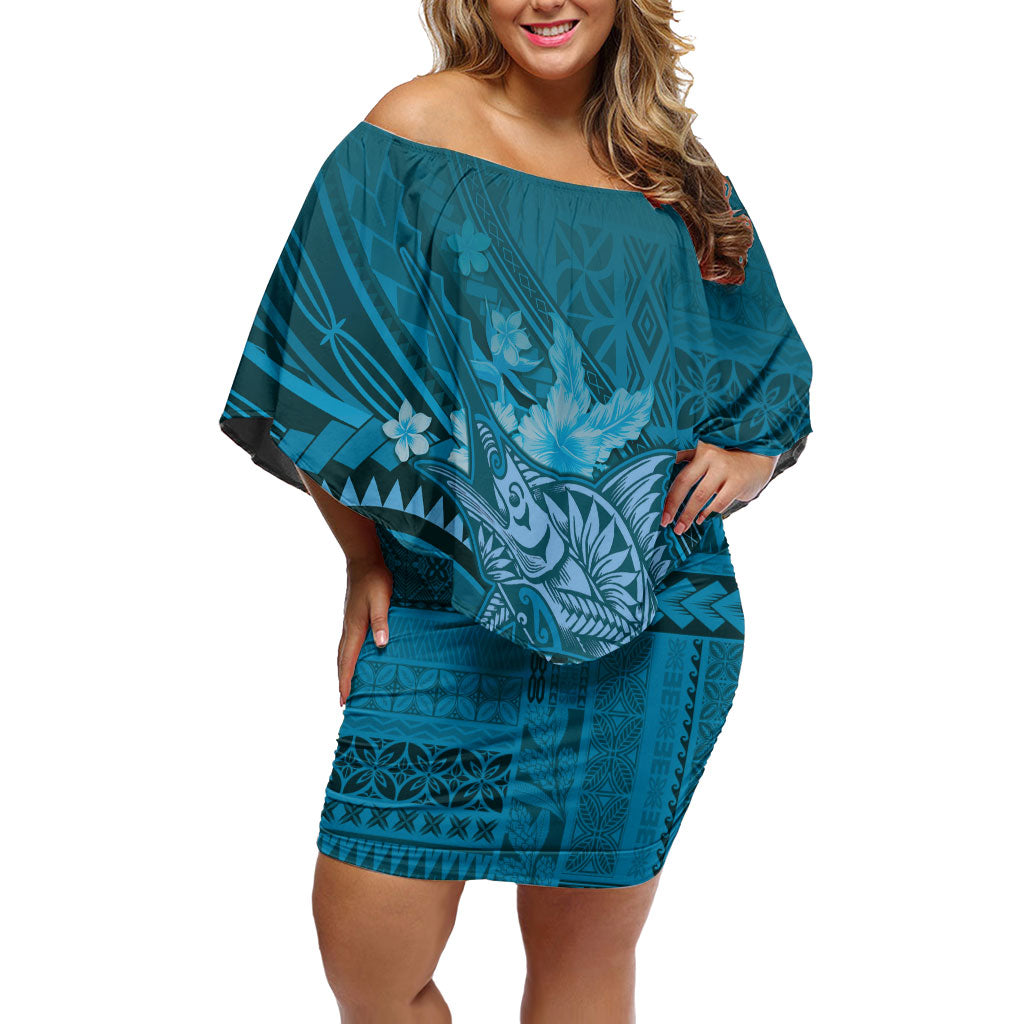 Samoa Tatau Marlin Off Shoulder Short Dress With Siapo Motifs Teal LT05 Women Teal - Polynesian Pride