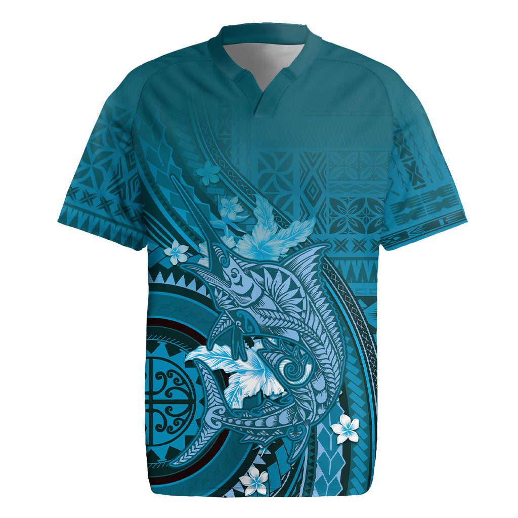Samoa Tatau Marlin Rugby Jersey With Siapo Motifs Teal LT05 Teal - Polynesian Pride
