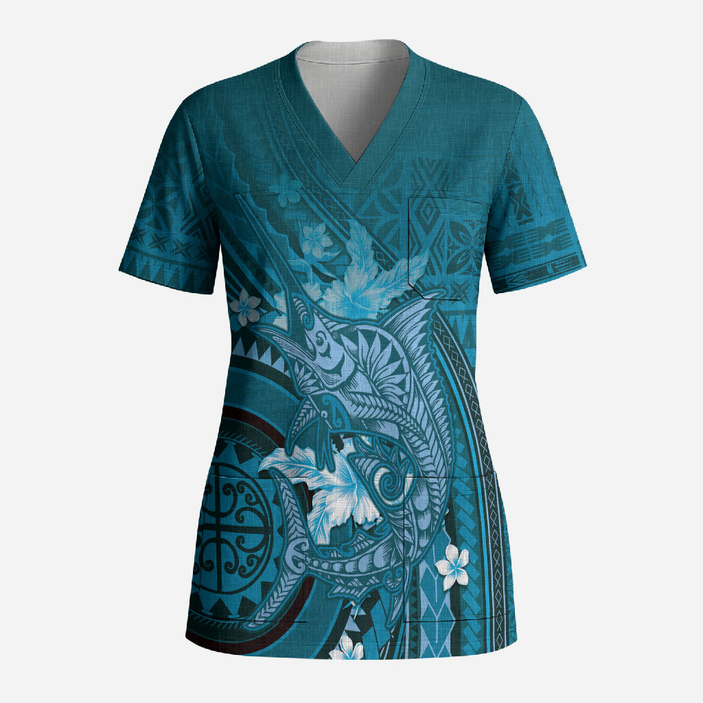 Samoa Tatau Marlin Scrub Top With Siapo Motifs Teal LT05 Adult Teal - Polynesian Pride