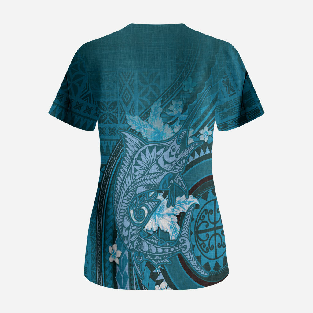 Samoa Tatau Marlin Scrub Top With Siapo Motifs Teal LT05 - Polynesian Pride