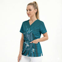 Samoa Tatau Marlin Scrub Top With Siapo Motifs Teal LT05 - Polynesian Pride