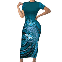 Samoa Tatau Marlin Short Sleeve Bodycon Dress With Siapo Motifs Teal LT05 Long Dress Teal - Polynesian Pride