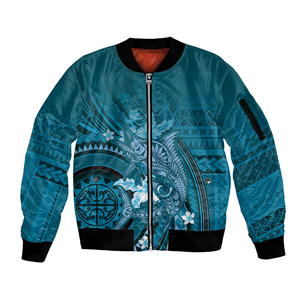 Samoa Tatau Marlin Sleeve Zip Bomber Jacket With Siapo Motifs Teal