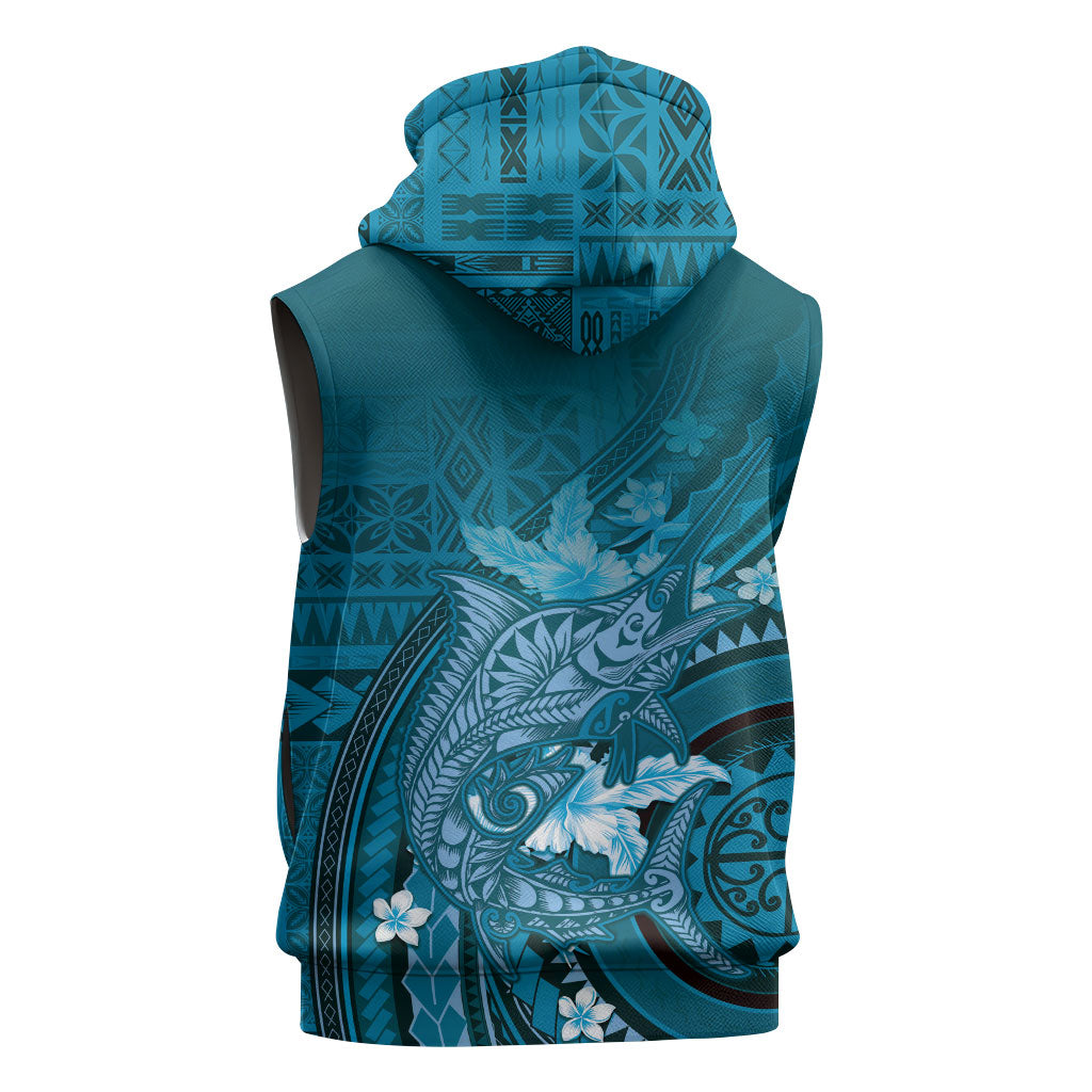 Samoa Tatau Marlin Sleeveless Zip Hoodie With Siapo Motifs Teal LT05 - Polynesian Pride