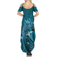 Samoa Tatau Marlin Summer Maxi Dress With Siapo Motifs Teal LT05 - Polynesian Pride