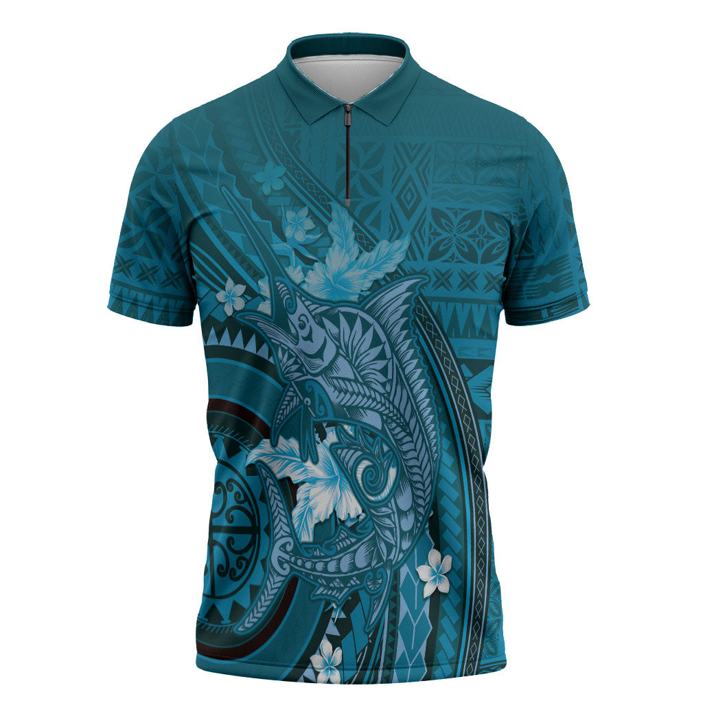 Samoa Tatau Marlin Zipper Polo Shirt With Siapo Motifs Teal