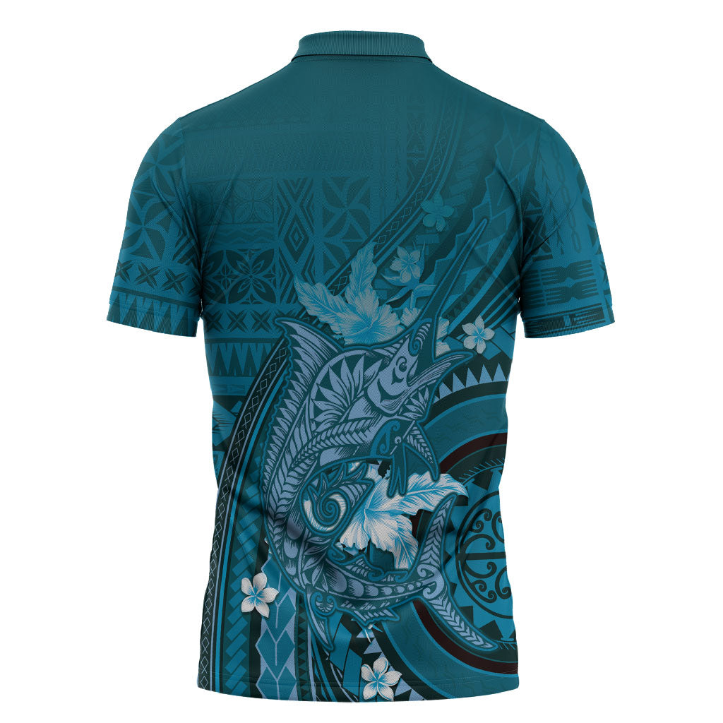 Samoa Tatau Marlin Zipper Polo Shirt With Siapo Motifs Teal
