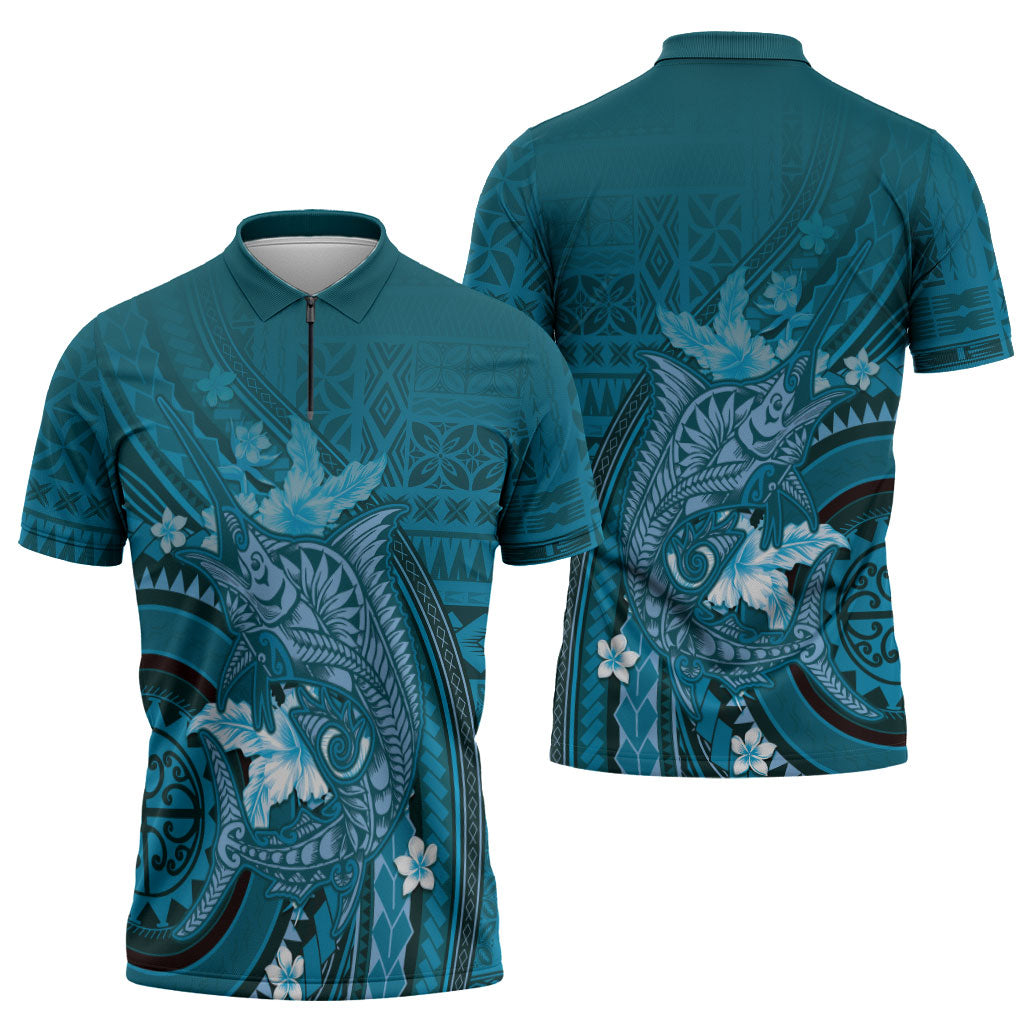 Samoa Tatau Marlin Zipper Polo Shirt With Siapo Motifs Teal