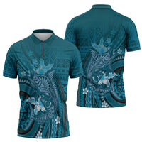 Samoa Tatau Marlin Zipper Polo Shirt With Siapo Motifs Teal