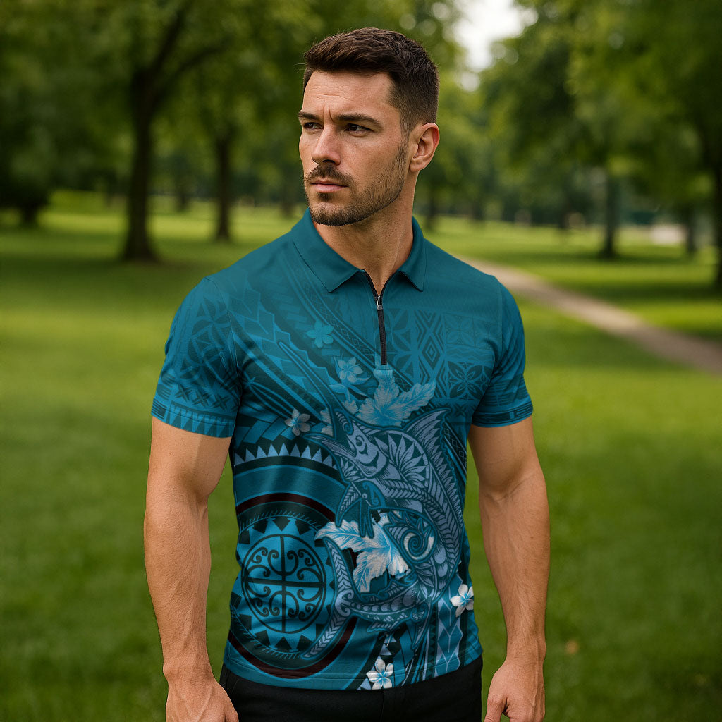 Samoa Tatau Marlin Zipper Polo Shirt With Siapo Motifs Teal