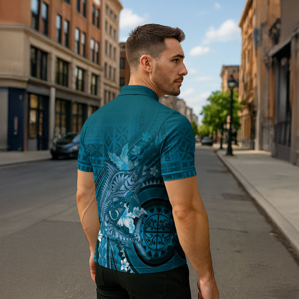 Samoa Tatau Marlin Zipper Polo Shirt With Siapo Motifs Teal