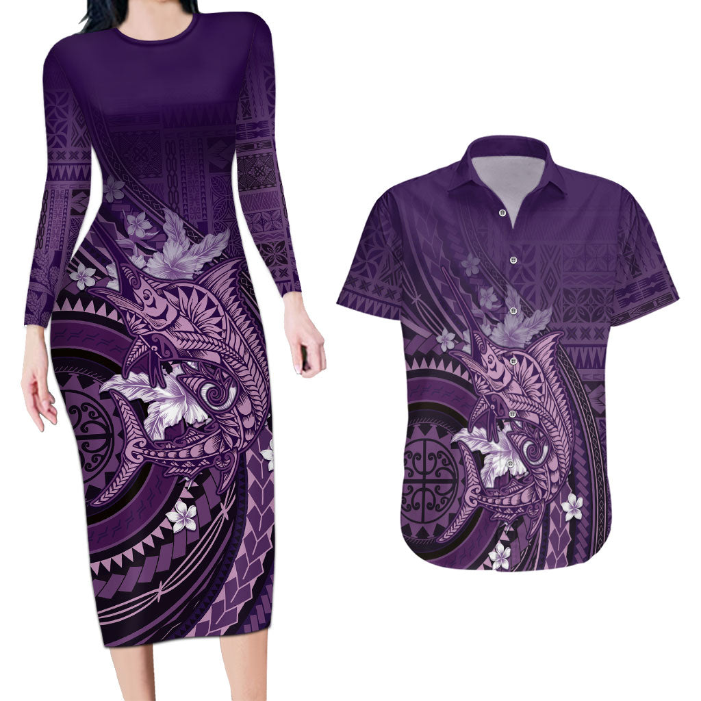 Samoa Tatau Marlin Couples Matching Long Sleeve Bodycon Dress and Hawaiian Shirt With Siapo Motifs Violet