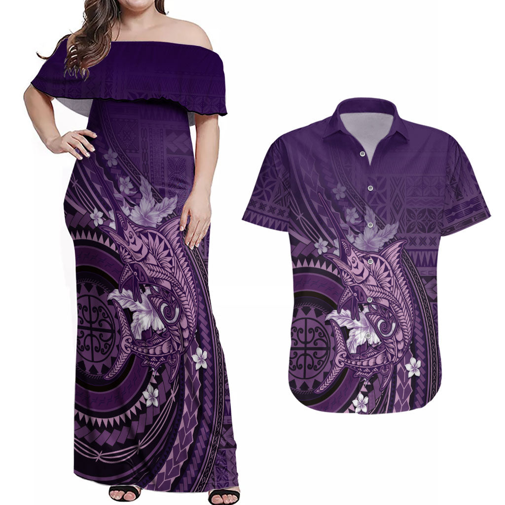 Samoa Tatau Marlin Couples Matching Off Shoulder Maxi Dress and Hawaiian Shirt With Siapo Motifs Violet