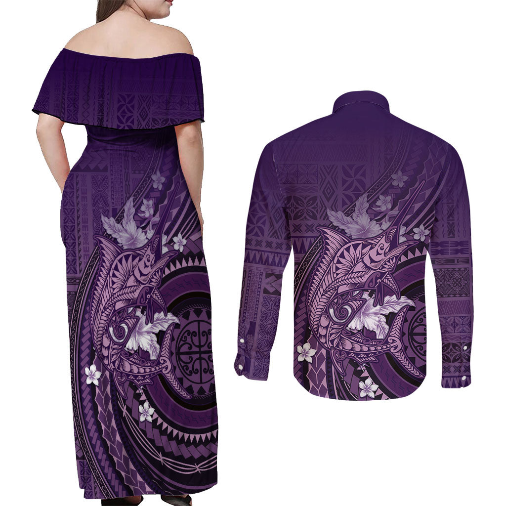 Samoa Tatau Marlin Couples Matching Off Shoulder Maxi Dress and Long Sleeve Button Shirt With Siapo Motifs Violet LT05 - Polynesian Pride