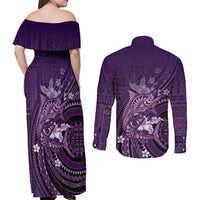 Samoa Tatau Marlin Couples Matching Off Shoulder Maxi Dress and Long Sleeve Button Shirt With Siapo Motifs Violet LT05 - Polynesian Pride