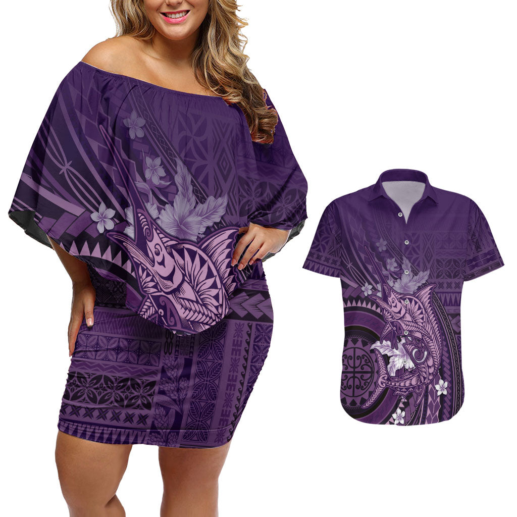 Samoa Tatau Marlin Couples Matching Off Shoulder Short Dress and Hawaiian Shirt With Siapo Motifs Violet