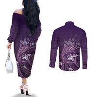 Samoa Tatau Marlin Couples Matching Off The Shoulder Long Sleeve Dress and Long Sleeve Button Shirt With Siapo Motifs Violet