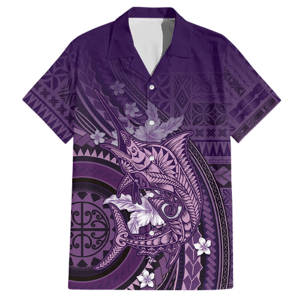 Samoa Tatau Marlin Family Matching Long Sleeve Bodycon Dress and Hawaiian Shirt With Siapo Motifs Violet LT05 Dad's Shirt - Short Sleeve Violet - Polynesian Pride