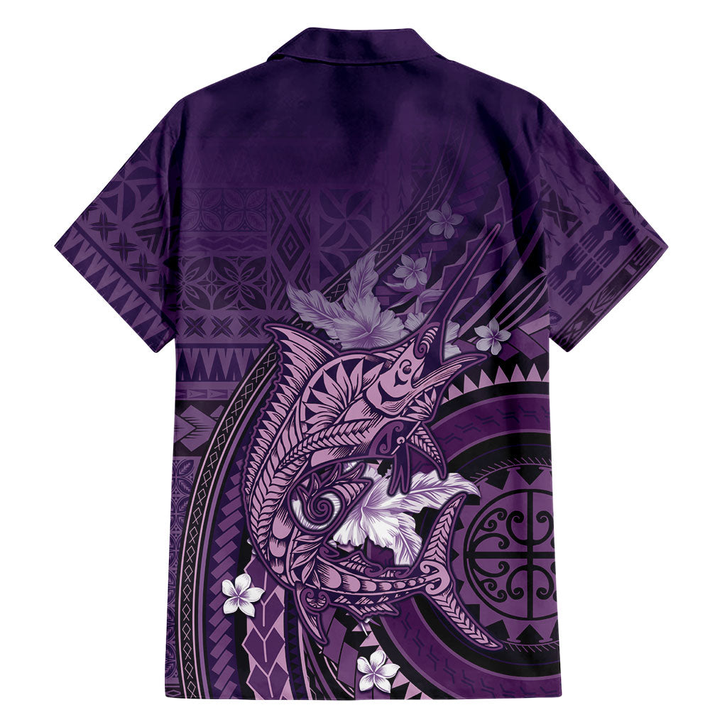 Samoa Tatau Marlin Family Matching Off Shoulder Maxi Dress and Hawaiian Shirt With Siapo Motifs Violet LT05 - Polynesian Pride