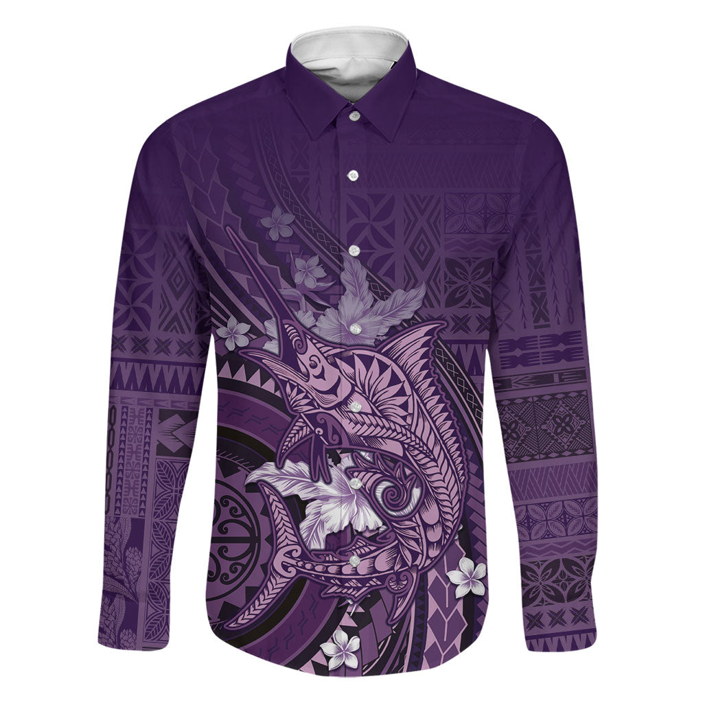 Samoa Tatau Marlin Family Matching Tank Maxi Dress and Hawaiian Shirt With Siapo Motifs Violet LT05 Dad's Shirt - Long Sleeve Violet - Polynesian Pride