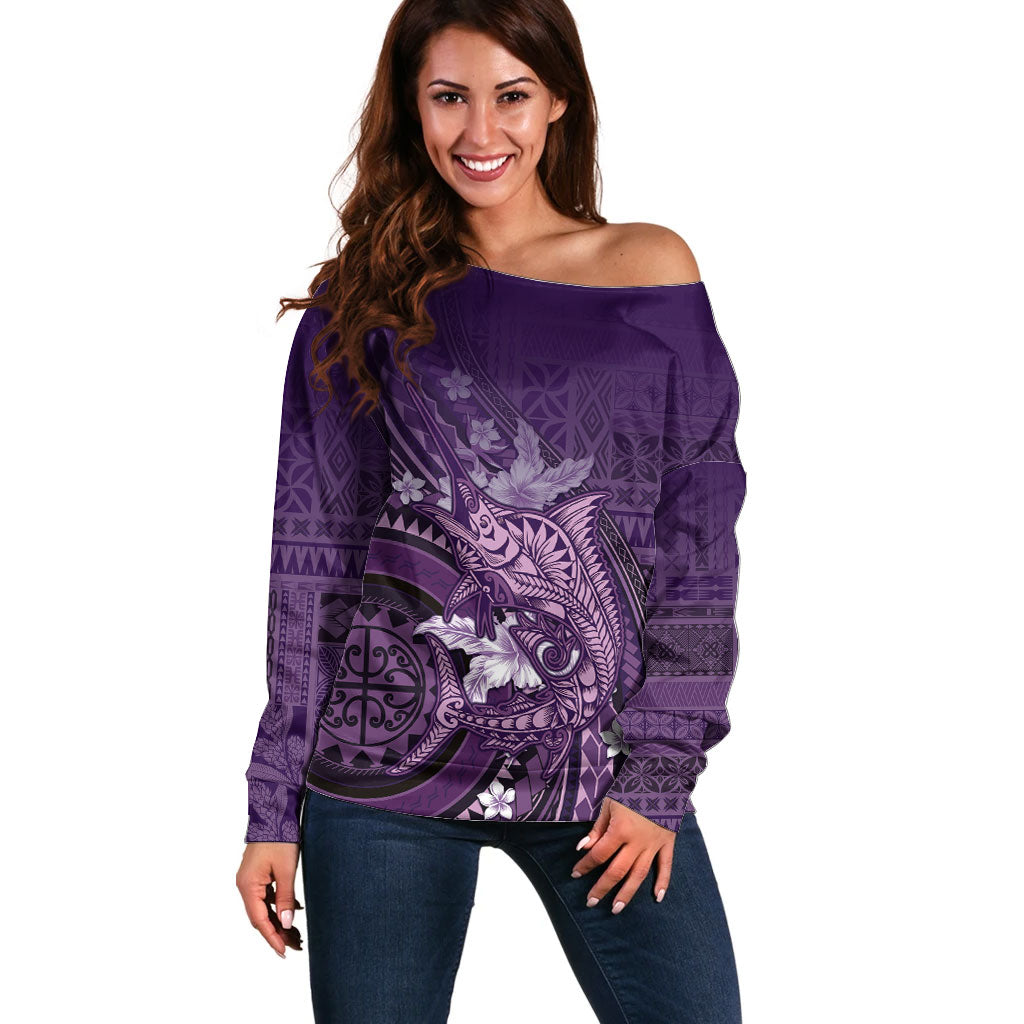 Samoa Tatau Marlin Off Shoulder Sweater With Siapo Motifs Violet