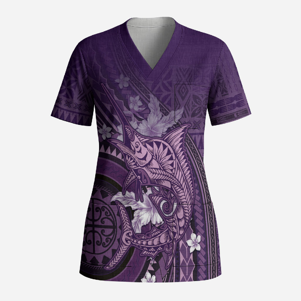 Samoa Tatau Marlin Scrub Top With Siapo Motifs Violet LT05 Adult Violet - Polynesian Pride