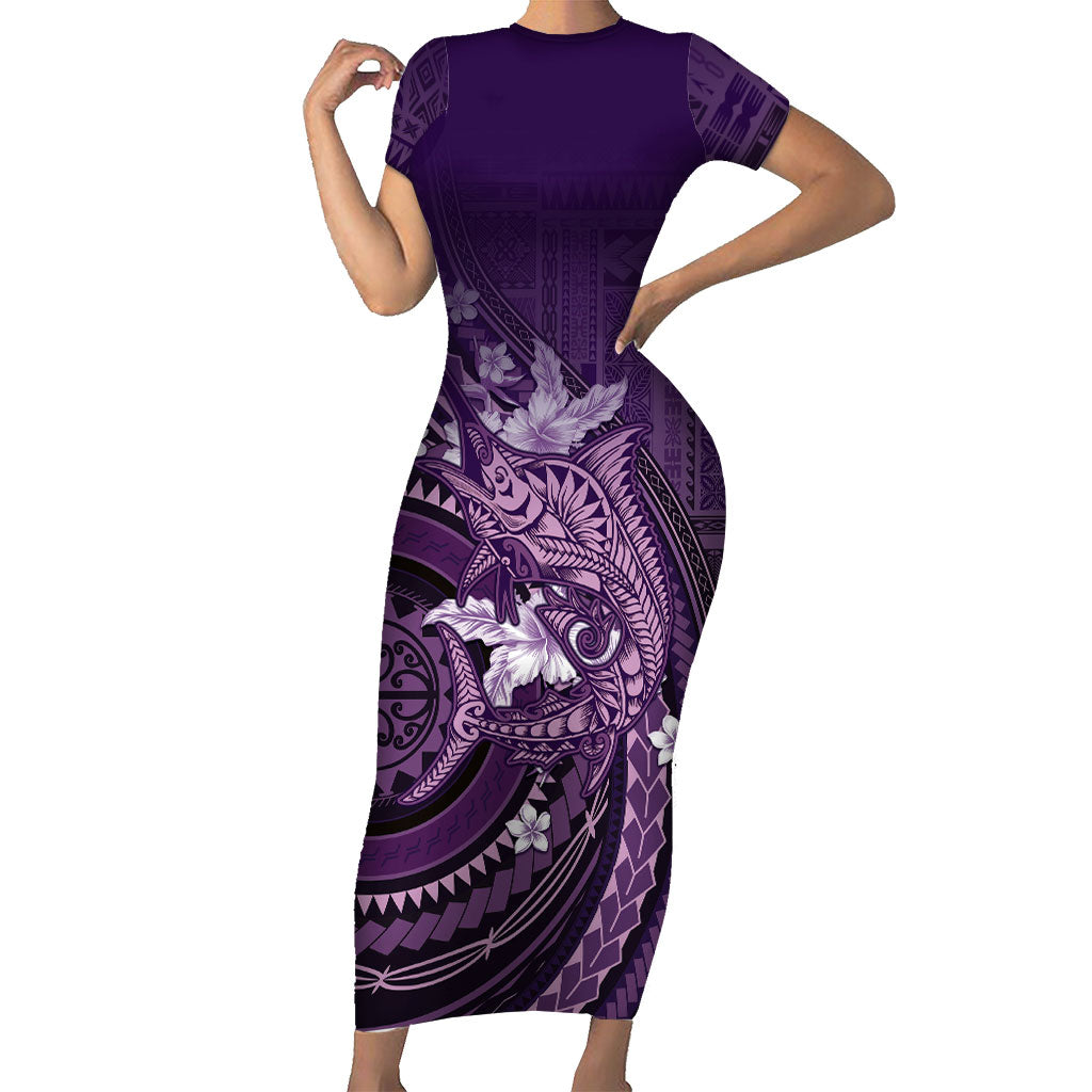 Samoa Tatau Marlin Short Sleeve Bodycon Dress With Siapo Motifs Violet