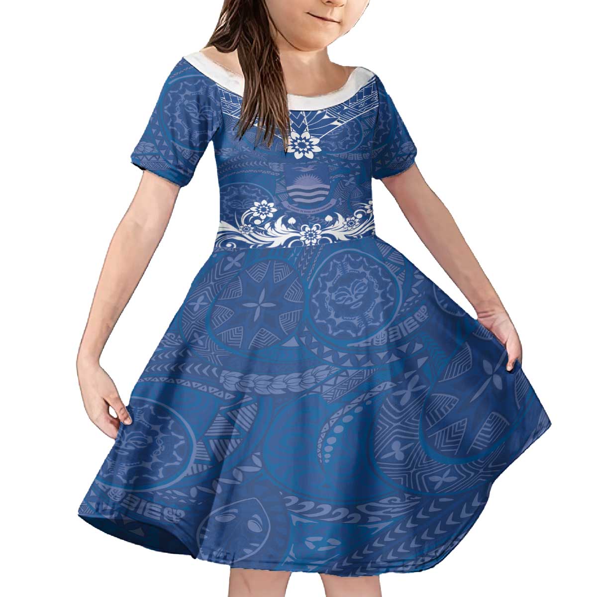 Wikin te Taetae ni Kiribati Family Matching Off The Shoulder Long Sleeve Dress and Hawaiian Shirt Pacific Tapa Pattern LT05 Daughter's Dress Blue - Polynesian Pride