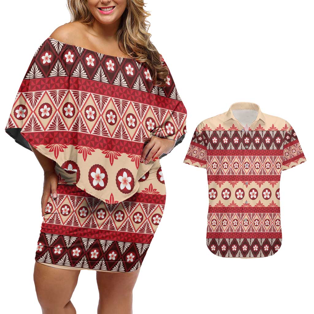 Tonga Language Week Couples Matching Off Shoulder Short Dress and Hawaiian Shirt Lea Faka-Tonga Everyday - Polynesian Pride