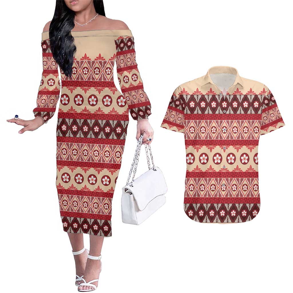 Tonga Language Week Couples Matching Off The Shoulder Long Sleeve Dress and Hawaiian Shirt Lea Faka-Tonga Everyday - Polynesian Pride