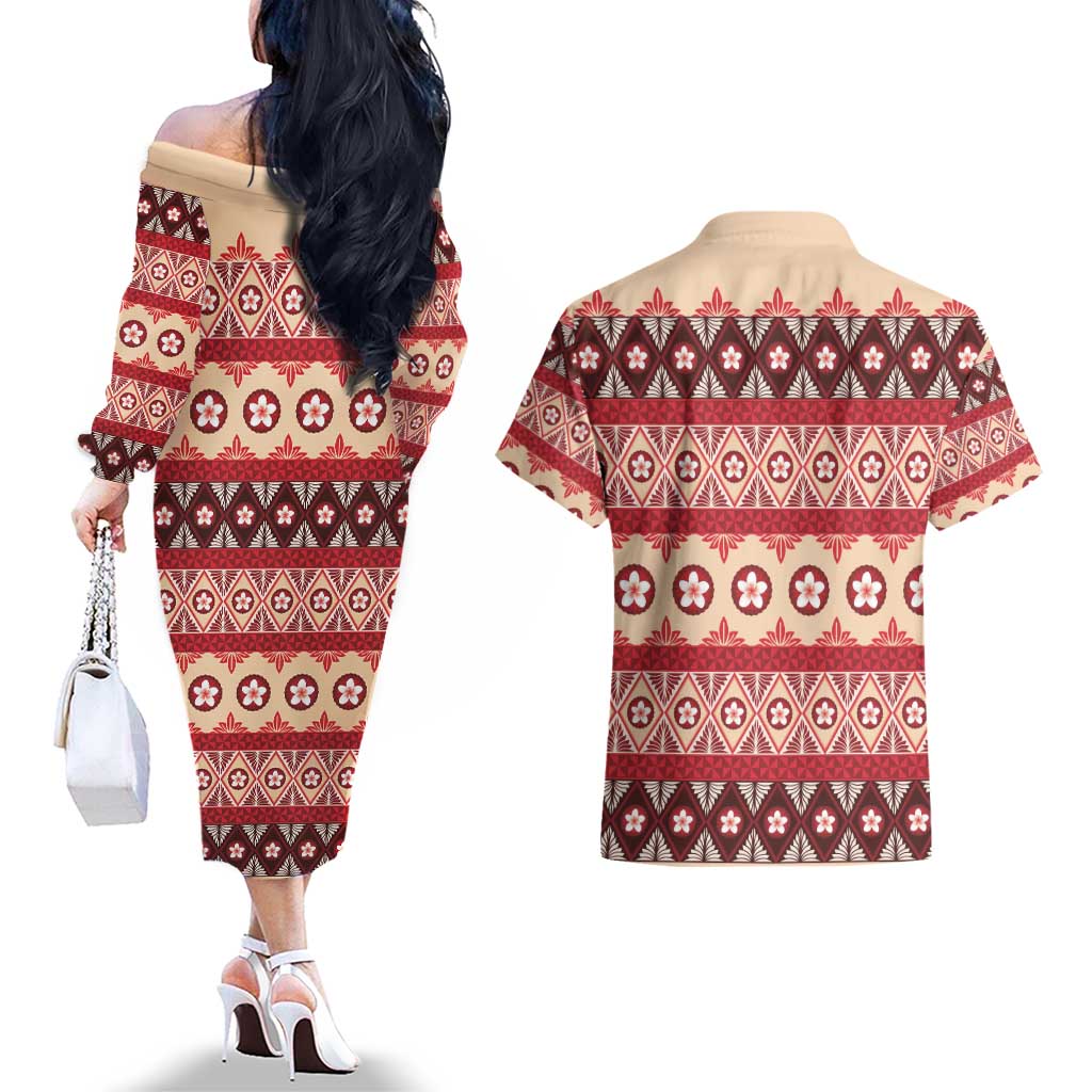 Tonga Language Week Couples Matching Off The Shoulder Long Sleeve Dress and Hawaiian Shirt Lea Faka-Tonga Everyday - Polynesian Pride