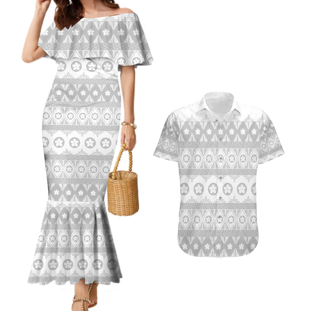 Tonga White Sunday Couples Matching Mermaid Dress and Hawaiian Shirt Tongan Ngatu Siale Pattern - Polynesian Pride