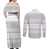Tonga White Sunday Couples Matching Off Shoulder Maxi Dress and Long Sleeve Button Shirt Tongan Ngatu Siale Pattern - Polynesian Pride