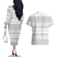 Tonga White Sunday Couples Matching Off The Shoulder Long Sleeve Dress and Hawaiian Shirt Tongan Ngatu Siale Pattern - Polynesian Pride