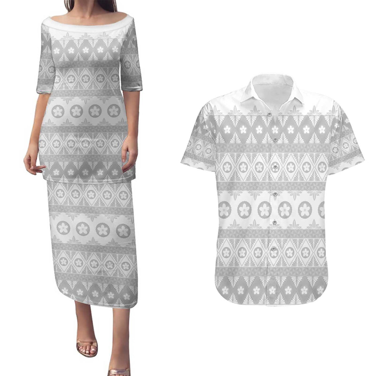 Tonga White Sunday Couples Matching Puletasi and Hawaiian Shirt Tongan Ngatu Siale Pattern - Polynesian Pride