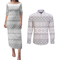Tonga White Sunday Couples Matching Puletasi and Long Sleeve Button Shirt Tongan Ngatu Siale Pattern - Polynesian Pride