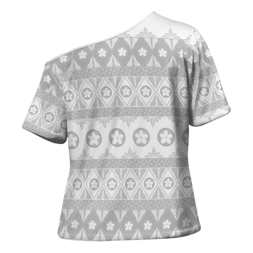 Tonga White Sunday Cross Shoulder Shirt Tongan Ngatu Siale Pattern - Polynesian Pride